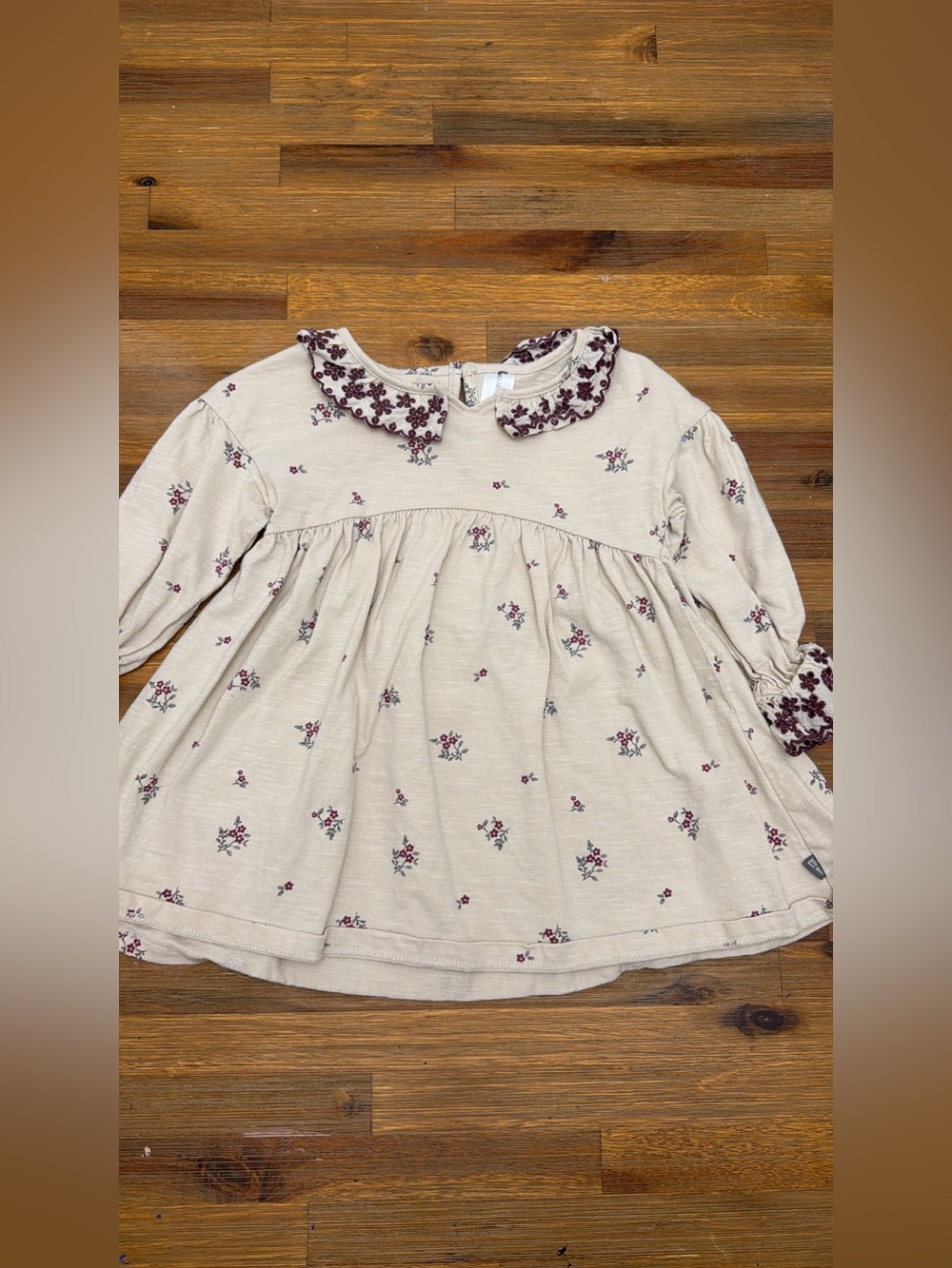 Girls Cream Floral Long Sleeve Dress with Embroidered Collar